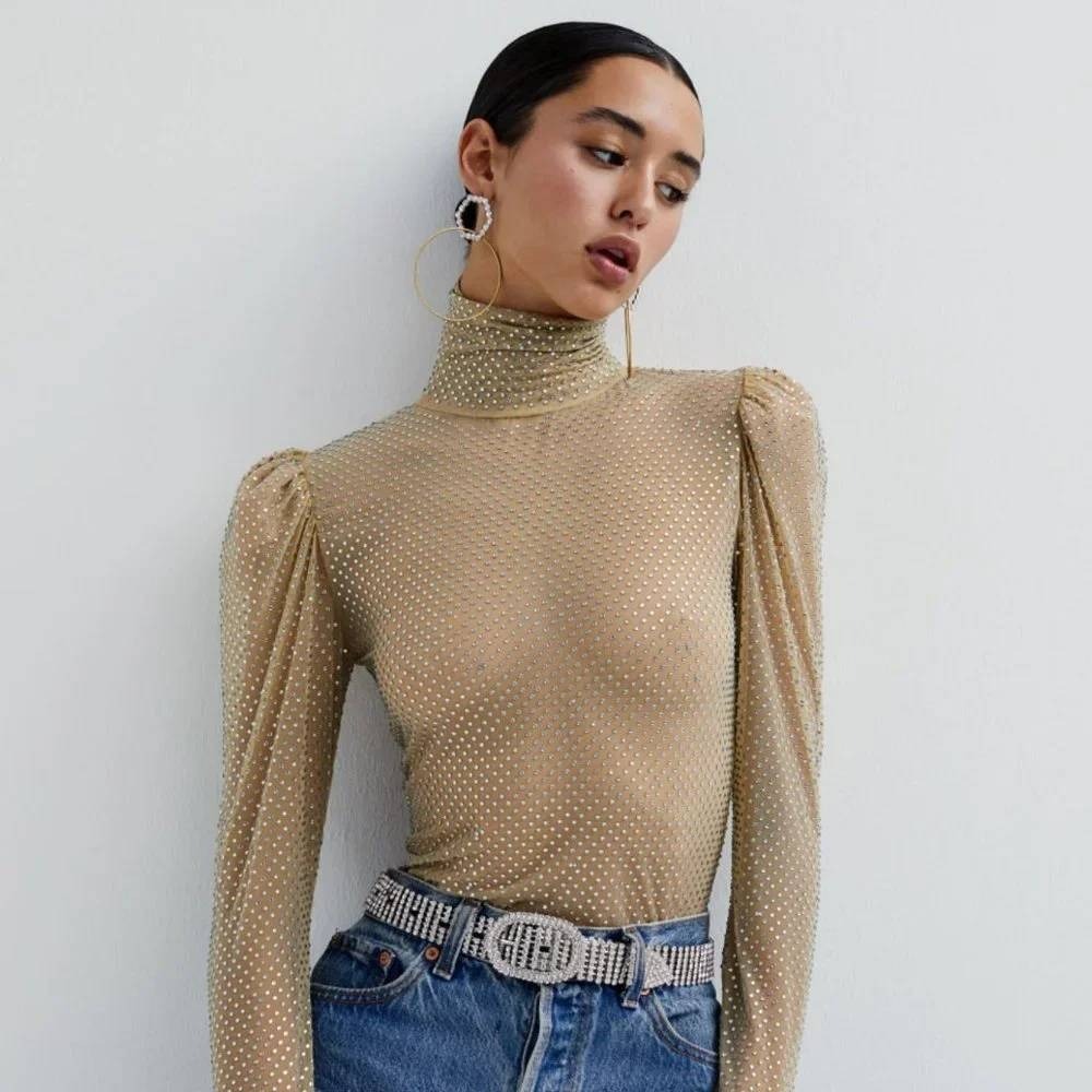 For Love & Lemons Kiara Turtleneck Top Sheer Rhinestone Nude XS